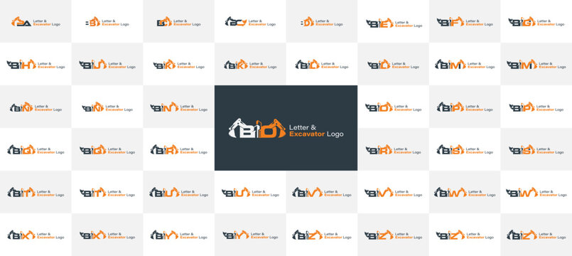 Excavator with letters logo set. Construction Heavy equipment logo collection.