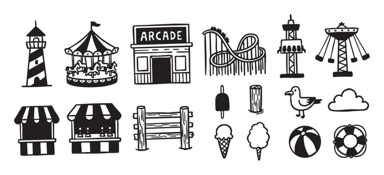 Set of hand-drawn amusement park icons featuring a roller coaster, carousel, arcade, and lighthouse in a simple black and white doodle style for summer vacation themes