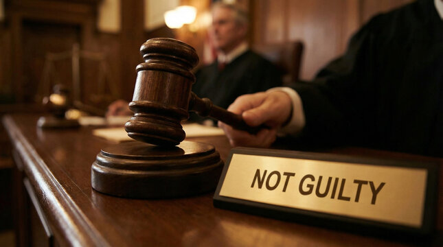 Judge's hand holding a wooden gavel over the courtroom bench, with a not guilty sign in the foreground, representing justice, legal proceedings, and a favorable court judgment
