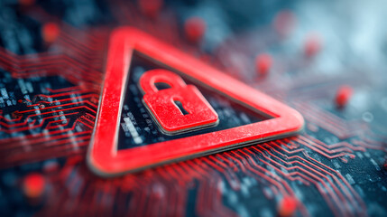 Red triangular warning sign with a padlock symbol on a circuit board representing cybersecurity threat and data protection risks in technology systems
