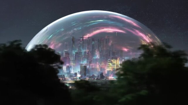 Vibrant futuristic city skyline enclosed within a glowing protective dome at night, illuminated by colorful neon lights.