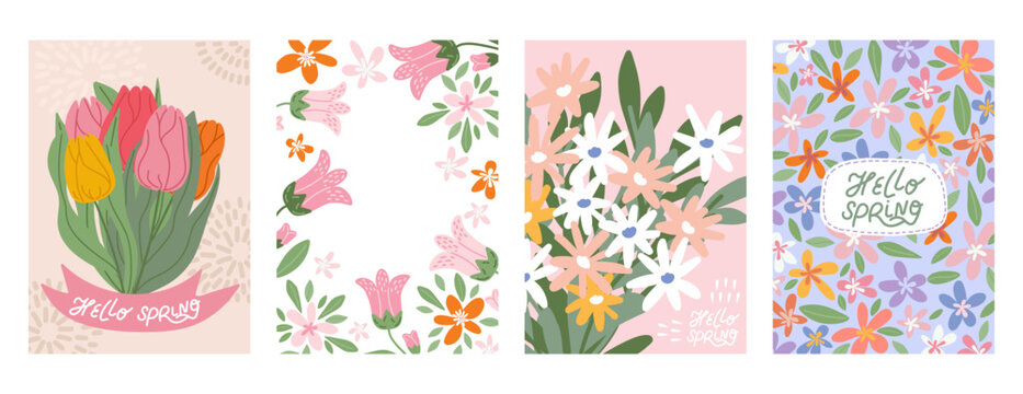 Spring card collection with cute flowers and bouquets. Hand drawn posters in pastel colors. Perfect for seasonal greetings, holiday invites and floral nursery decor. Vector illustration