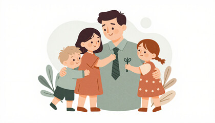 Father hugging children in heartwarming Father's Day illustration