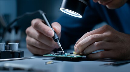 Technician soldering microchip on circuit board under desk lamp, electronics repair and hardware engineering concept