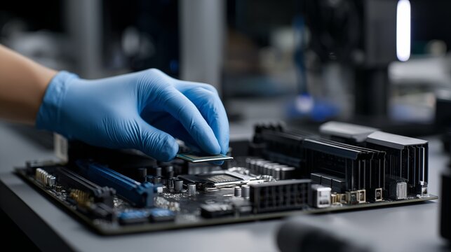 Gloved hand installing computer component on motherboard, hardware repair and IT maintenance in electronics workshop