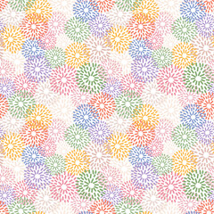Seamless abstract pattern with colorful flower shapes. Bright sunburst shapes on white background. Textile print for fashion, creative wallpaper and home decor. Vector illustration