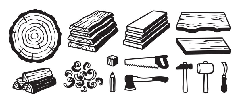 Collection of monochrome woodworking illustrations featuring lumber, planks, a tree stump, saw, axe, and various carpentry tools in a hand-drawn sketch style
