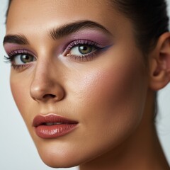 A close-up portrait of a young woman with flawless skin and striking makeup highlighting her eyes and lips. on white background