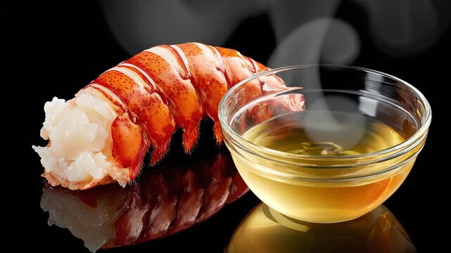 A cooked lobster tail sits with a bowl of clarified butter on a black surface with its reflection