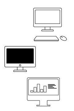 Hand-drawn computer monitor outline illustration, desktop setup with blank screen and analytics dashboard. High-resolution PNG, tech, business, office workspace, digital data, UI, startup design. 