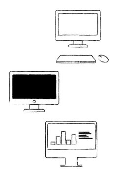 Hand-drawn, textured computer monitor illustration, desktop setup with blank screen and analytics dashboard. High-resolution PNG, tech, business, office workspace, digital data, UI, startup design. 