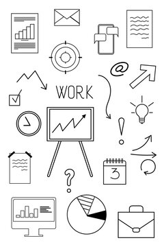 Business and work concept hand-drawn sketch collection featuring office elements, charts, communication, and productivity icons. Perfect for business presentations and organizational graphics