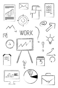 Outline textured hand-drawn business sketch icons set with office tools, charts, communication symbols, and productivity elements. High-res PNG, work concept, presentation, startup, corporate icons