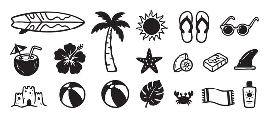 Obraz premium Collection of hand-drawn summer beach icons featuring a surfboard, palm tree, sun, and coconut drink in a simple black and white doodle illustration style