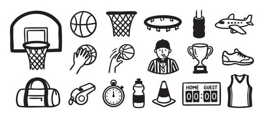 Fototapeta premium Collection of hand-drawn basketball icons featuring a hoop, ball, referee, trophy, and scoreboard in a simple black and white doodle style illustration for sports concepts