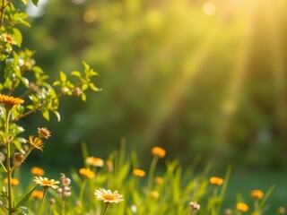 Fototapeta premium Sunlit wildflowers in a lush meadow summer background