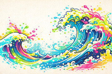 ポップ浮世絵 ― カラフルな波とインクスプラッシュの融合アート