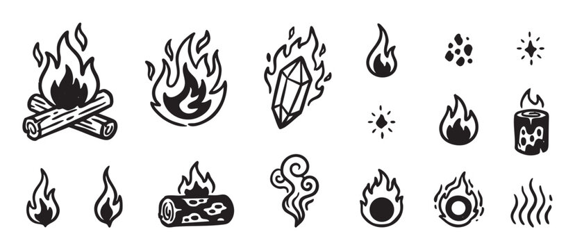 Collection of hand-drawn fire symbols featuring a campfire, burning log, candle, flame, sparks, and a magical crystal in a simple black and white sketch illustration