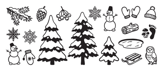 Fototapeta premium Collection of hand-drawn winter forest elements in a simple black and white doodle style, including snowy trees, a snowman, snowflakes, an owl, a sled, and festive holiday icons