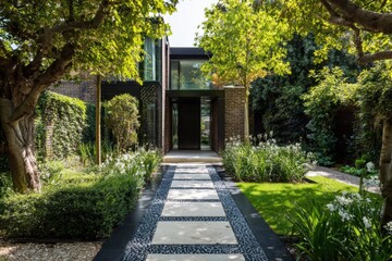A charming garden pathway winds its way towards a contemporary house, which is beautifully nestled among lush greenery on a bright and sunny day in a tranquil residential neighborhood