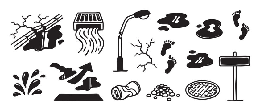 Set of black and white urban infrastructure icons showing a broken pipe, storm drain, lamppost, and manhole cover in a simple hand-drawn doodle style illustration
