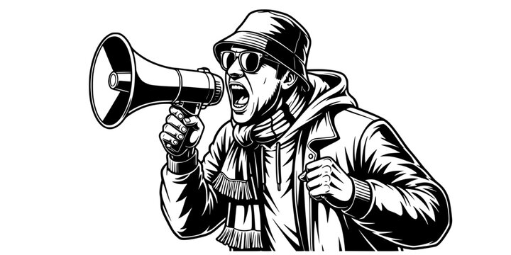 Soccer Ultra Fan with Megaphone and Bucket Hat Cheering Vector