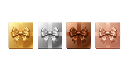 A horizontal row of four stylized flat vector gift boxes in metallic gold, silver, bronze, and rose gold with satin bows, isolated on a stark white background with copy space. concept for luxury