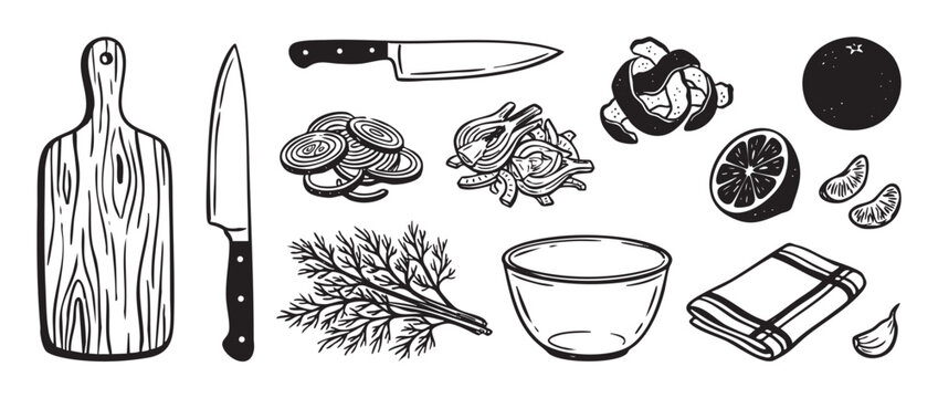 Set of hand-drawn cooking ingredients and kitchen utensils in a black and white woodcut style, including a cutting board, knives, fennel, orange, dill, onion, and garlic for a recipe