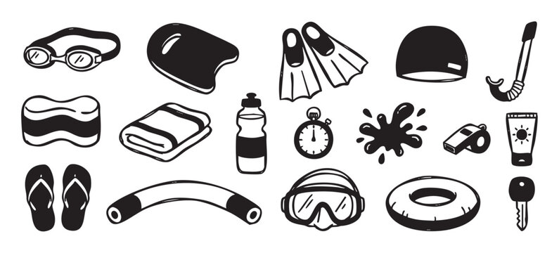 Collection of black swimming equipment icons in a hand-drawn doodle style showing goggles, flippers, a cap, and a snorkel for summer pool activities and sports training