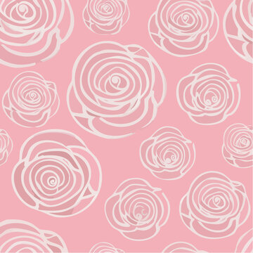 Vector seamless pattern with white roses contours on pink.
