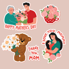 Fototapeta premium Mother's Day stickers pack with families, teddy bear, blooming spring flowers, hand-written messages, elderly mother, adult son, young female parent , little daughter. Vector cartoon illustrations.