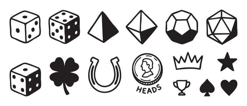 Collection of hand-drawn game and luck symbols includes various polyhedral dice, a four-leaf clover, a horseshoe, a coin, a crown, and a trophy in a simple black and white doodle style