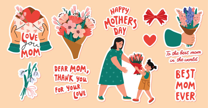Mother's Day stickers pack with hand-written text, mom and little daughter, bouquets of spring flowers, hands holding a letter, bow, hearts. Vector cartoon illustrations isolated on beige background.
