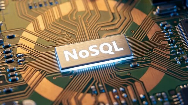 NoSQL text on a glowing microchip within a computer circuit board. Modern database technology concept with intricate copper traces and blue lighting