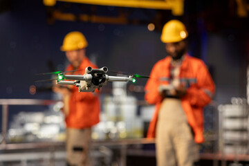 Selective focus of black drone operator flies UAV around drilling rig, using remote control and...