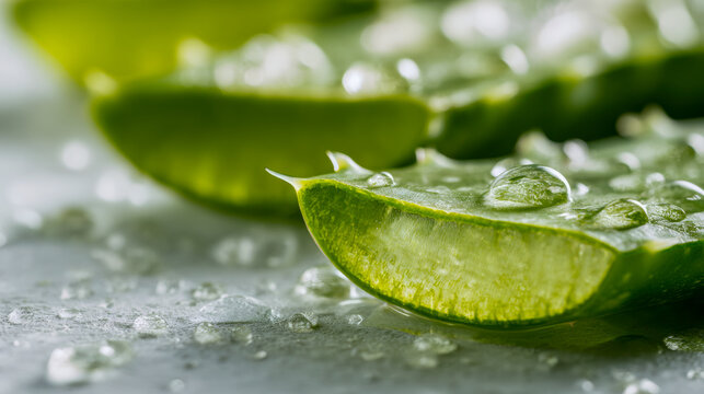Fresh green aloe vera slices covered in water droplets on a smooth surface highlighting natural hydration and soothing plant properties in a macro view