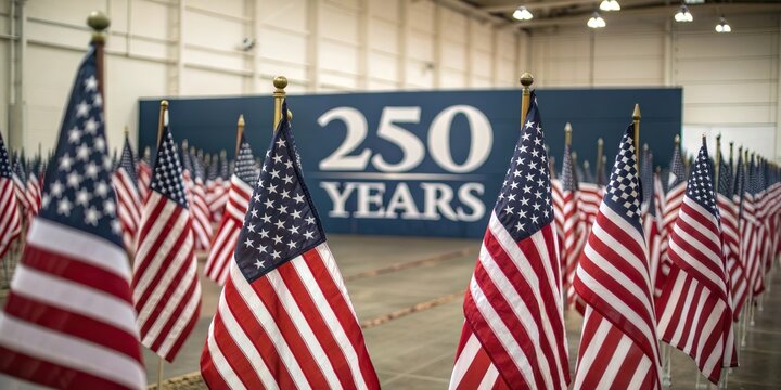 American flags arranged in hall for USA anniversary celebration patriotic indoor scene.