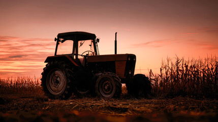 Fototapeta premium Silhouette of a vintage tractor parked in a harvested cornfield during a vibrant sunset with orange and pink hues in the rural countryside sky
