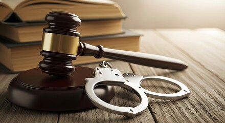 Gavel, law books, and handcuffs on wood iconic symbols of justice, law, crime, and legal authority. Representing the court, punishment, and the judicial system