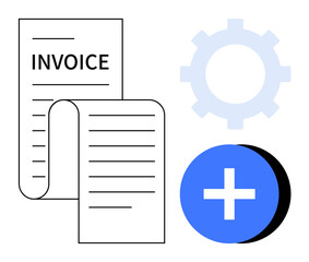 Obraz premium Invoice concept. Invoice document with gear and add symbol financial process, billing, and payment tracking. Invoice supports efficient accounting. Great for finance, business solutions, accounting