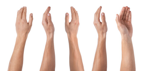 Man showing his hands from different sides on white background, closeup. Collage