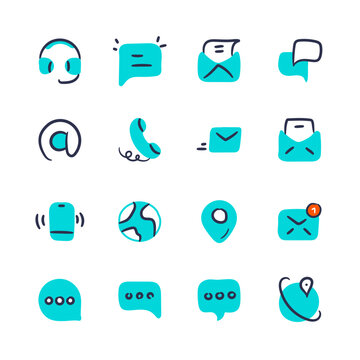 Hand drawn contact icon set. Contact Us doodle vector icons.