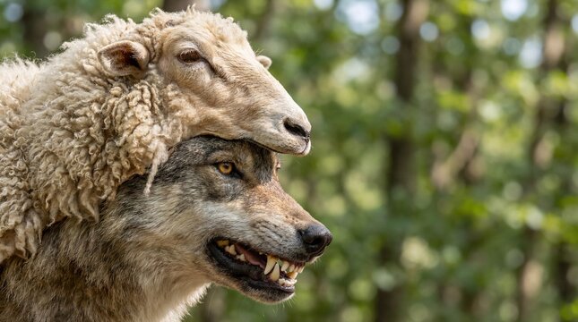 A surreal image of a wolf wearing sheep's skin. The wolf has its teeth bared, while a sheep sits atop its head.