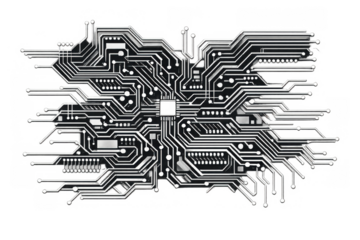 Circuit board lines and microchip creating a futuristic digital data processing system, transparent background