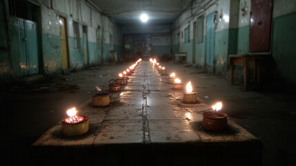 Fototapeta premium A dimly lit, dilapidated corridor lined with homemade oil lamps, creating an eerie, mysterious atmosphere in what appears to be an abandoned building.