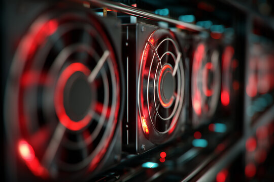 High-Performance Computing: GPU Server Rack with Glowing Red Fans in Data Center