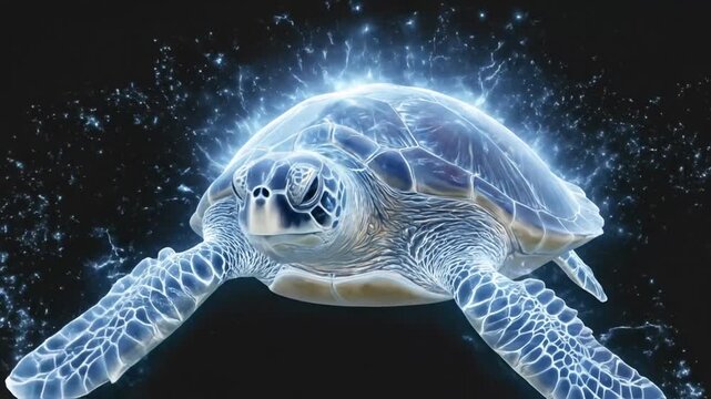 A glowing sea turtle floats in a starry galaxy, radiating light and energy