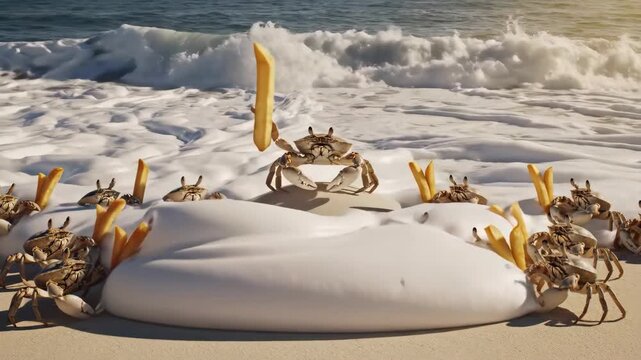 Surreal Silliness Unfolds as Crabs Gather Around a Giant Ice Cream on the Beach