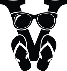 Cool sunglasses and flip flops design element ideal for summer themes on transparent background silhouette © MALA