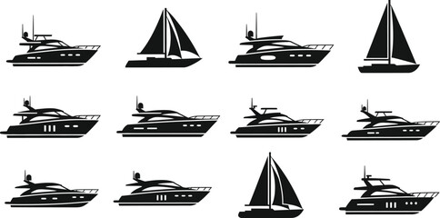 Collection of various boat silhouettes including yachts and sailboats on transparent background © MALA